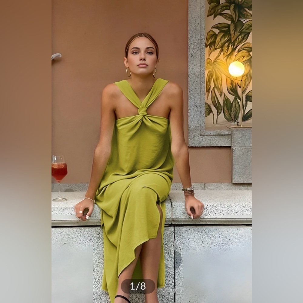 Commense Olive Green Twist-Neck Midi Dress